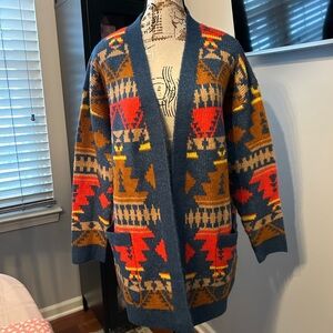 Lucky Brand Navy Blue Aztec Pattern Cardigan with Red and Mustard Accents